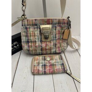 Coach Poppy Madras Sequined Pink Canvas Crossbody With Matching Wallet 9x7” EUC